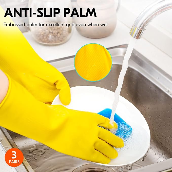 Vgo... 3-Pairs Reusable Household Gloves, Rubber Dishwashing gloves, Extra - Image 5