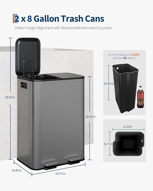 Garvee Double Trash Can, 2 x 8 gal Garbage Can - Image 6