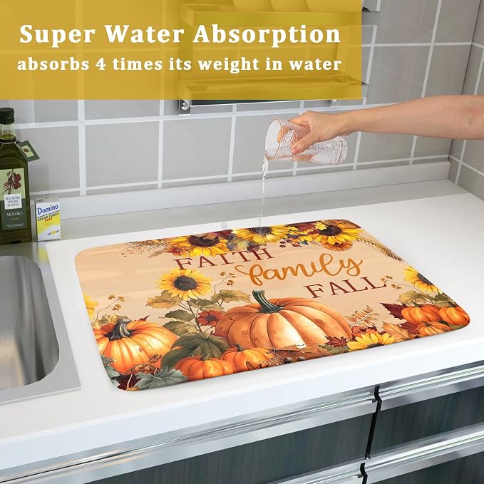 Fall Pumpkin Sunflower Dish Drying Mat 18”x24” Faith Family Fall Drying Mat - Image 7