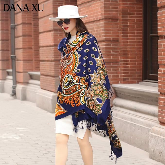 DANA XU 100% Merino Wool Pashmina Shawl for Women 96"x43", Oversized Cashmere Wrap with Tassels, Floral Travel Blanket Cape