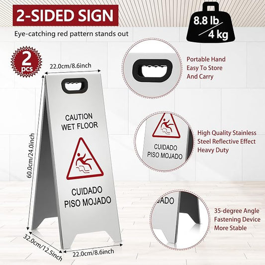 2 Pcs 24 Inch Stainless Steel Wet Floor Sign, Heavy Duty Caution Wet Floor Sign - Image 2