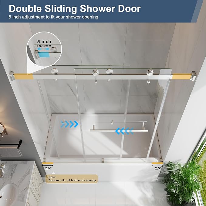 Frameless Bathtub Shower Door, 55-60" W x 60" H Double Sliding Tub Shower Door - Image 8