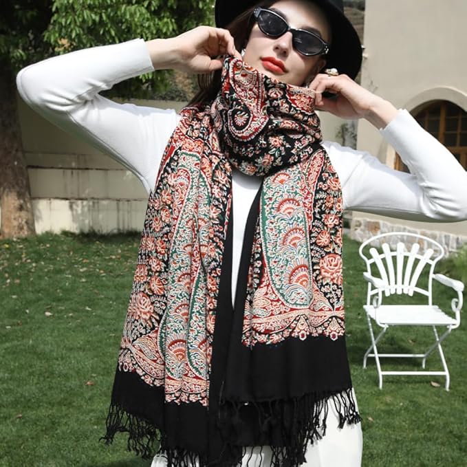 DANA XU 100% Merino Wool Extra Large Pashmina Blanket Travel Scarf Cashmere Wrap for Women Fall Winter Oversize Shawl Floral
