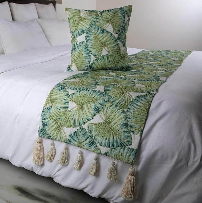 The HomeCentric Decorative Designer Handmade Bed Runner with Decorative Throw Pillow Cover, 90 x 18 Inch Designer King Size Bed Scarf in Printed Linen & Embroidery Bed Linen - Tropical Feeling