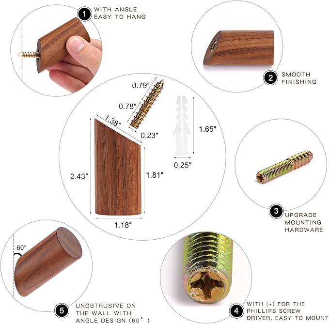 6 Pack Wood Hooks, Natural Coat Hooks Wall Mounted - Image 6