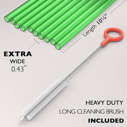 10 EXTRA WIDE Long Reusable Hard Plastic Drinking Straws + Cleaning Brush - Image 2