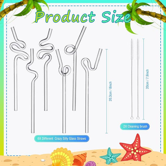 Yinkin 6 Pcs Wavy Glass Straw Reusable Curved Silly Glass Straws Shatter - Image 2