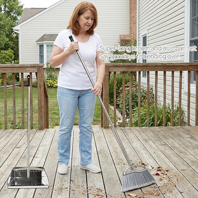 Outdoor Broom and Dustpan Comb Set, Heavy Duty Stainless Steel Metal Dust Pan - Image 7