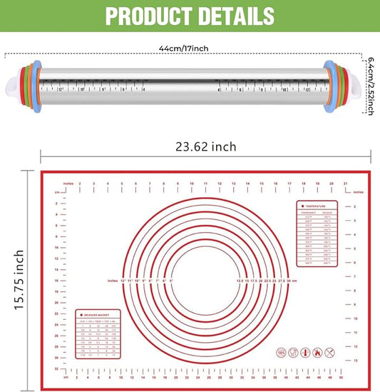 Rolling Pin with Adjustable Thickness Rings and Silicone Baking Pastry Mat Set - Image 2