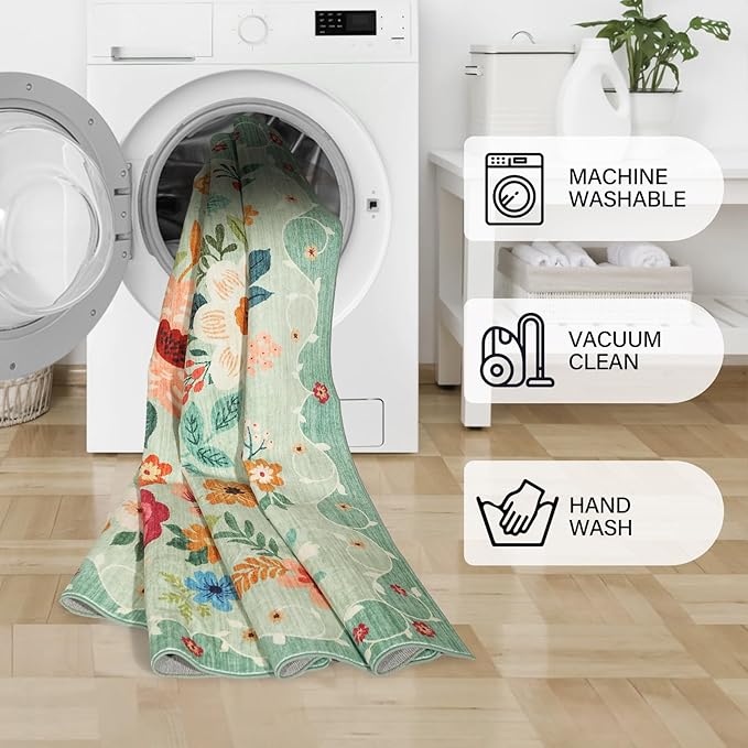DUKINO 2x8 Runner Rug for Hallway, Washable Kitchen Runner Rug with Rubber Backing Non Slip, Low Pile Soft Boho Floral Thin Carpet for Entryway, Hallway, Bathroom, Laundry Room, Green