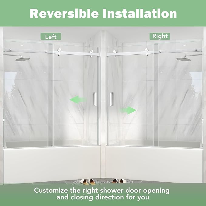 KPUY Frameless Sliding Bathtub Door, 55-60" W x 60" H Tub Shower Door, 1/4" - Image 9