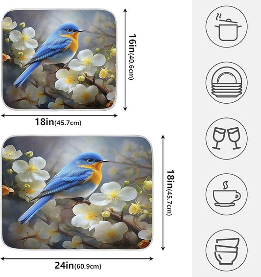 Spring Blue Yellow Flower Bluebird Butterflies Dish Drying Mat - Image 2