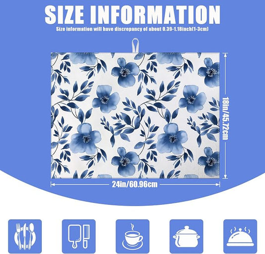 Blue Floral Dish Drying Mat for Kitchen Counter Flower Leaves Drying Pad - Image 2
