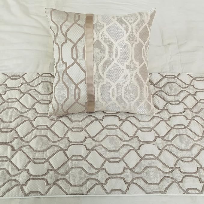 The HomeCentric King/Queen/Twin Ivory & Silver Decorative Full 68"x18" Bed Runner Without Pillow Cover, Lattice & Quilted Bed Scarf on Jacquard Silk Fabric - Ivory Delicacy