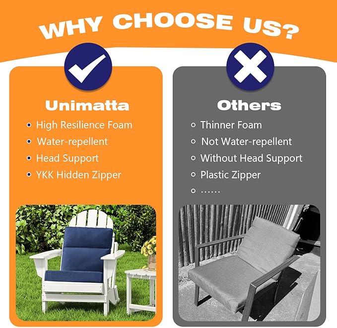 Sunbrella Outdoor Separate High Back Cushion Seat Pads, 2-Pack 44 x 21 Inch Water-Repellent & Fade-Resistant Patio Furniture Cushions with Ties for Adirondack, Rocking Chairs, Specrtum indigo