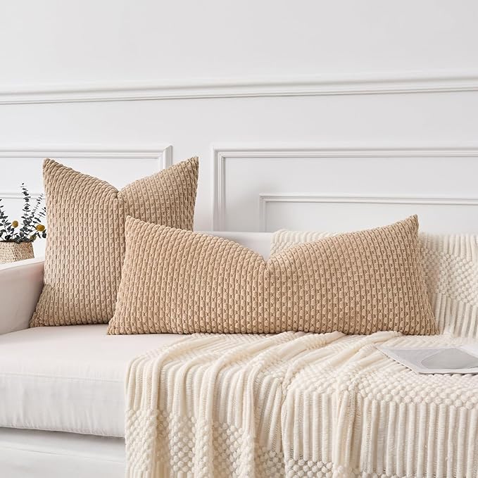 Kevin Textile 14x36 Inch Long Lumbar 1 Pack Boho Decorative Throw Pillow Cover Soft Striped Corduroy Rectangle Cushion Case Farmhouse Solid Color Accent for Living Room Couch Sofa Bed, Tan