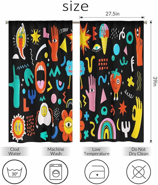 Cartoon Retro Symbol Kitchen Curtains Funny Crazy Abstract Shapes Hipster Music - Image 2