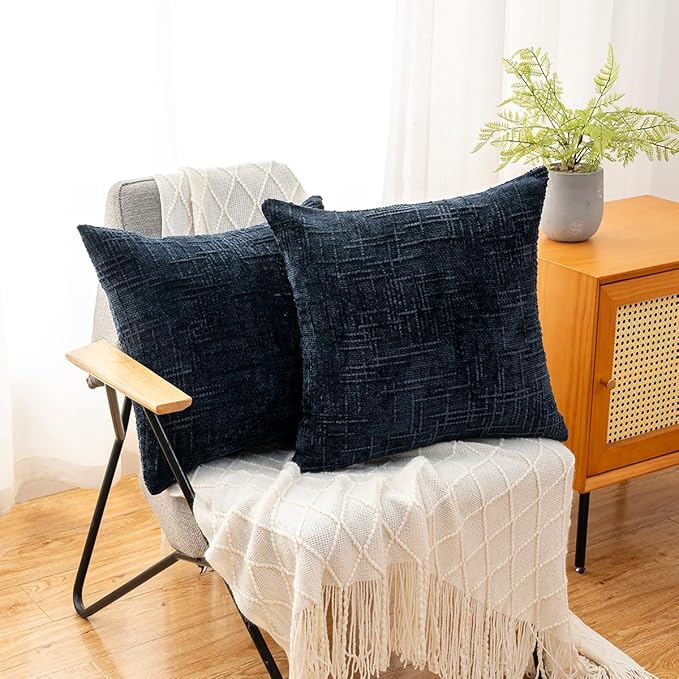 Decorative Throw Pillow Covers 20x20 Inch Set of 2, Soft Solid Farmhouse Chenille Couch Pillows, Spring Pillow Covers for Couch Sofa Bed Living Room Home Decor Pillowcase, Dark Blue