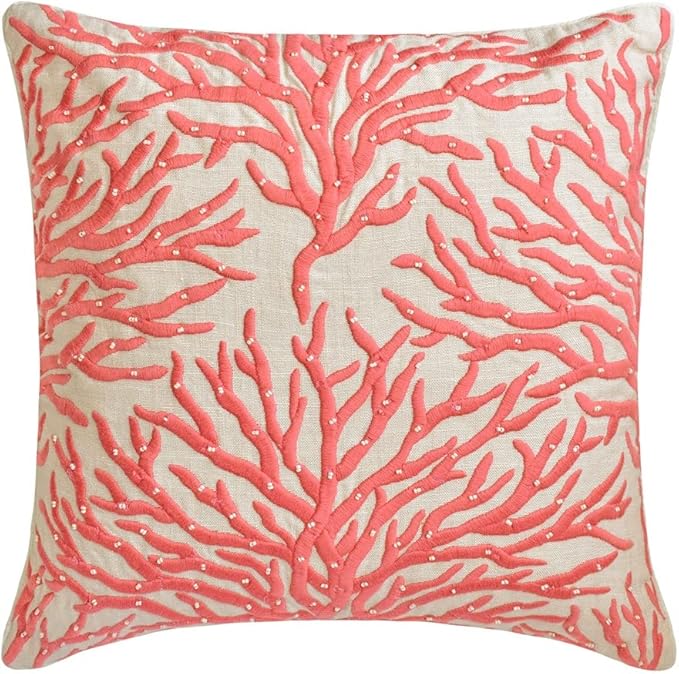 The HomeCentric King/Queen/Twin Coral, Peach & Pink Designer CA King 86"x18" Bed Runner with Pillow Cover, Coral, Pearl Embroidery, Under The Sea & Beach Theme on Linen Fabric - Coraline Pearls