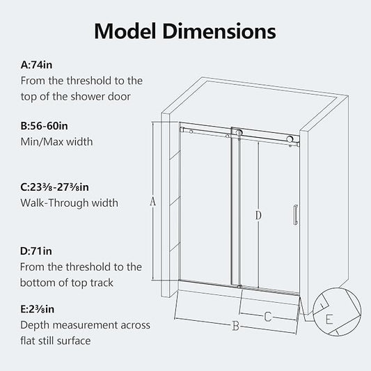 56-60" W x 74" H Frameless Shower Doors, Bathroom Single Sliding Shower Glass - Image 2