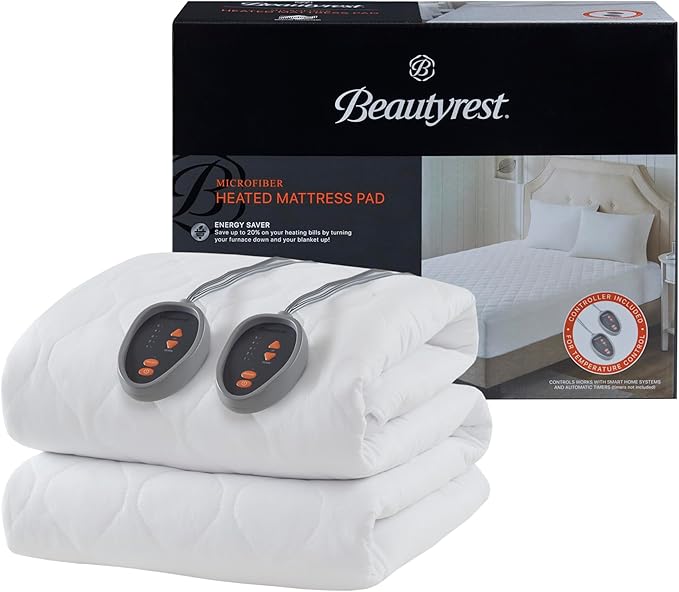Beautyrest Cotton Blend Heated Mattress Pad Secure Comfort Technology - Luxury Quilted Electric Mattress Pad with Deep Pocket - 5-Setting Heat Controllers, King, White