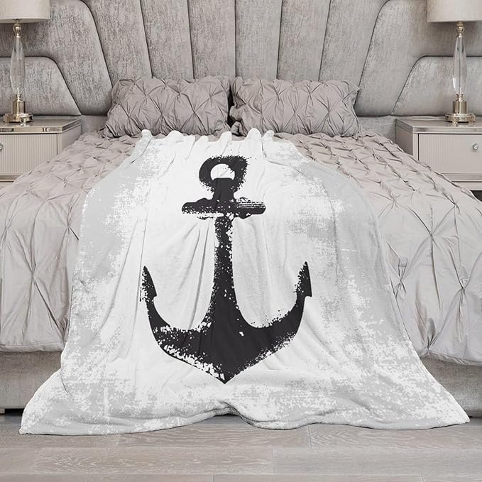 Nautical Anchor Blanket Modern Abstract Light Grey Black Anchor Art Print Soft Cozy Lightweight Throw Blanket for Women Men Bedroom Living Room Dorm Chair Sofa Travel 70x80in