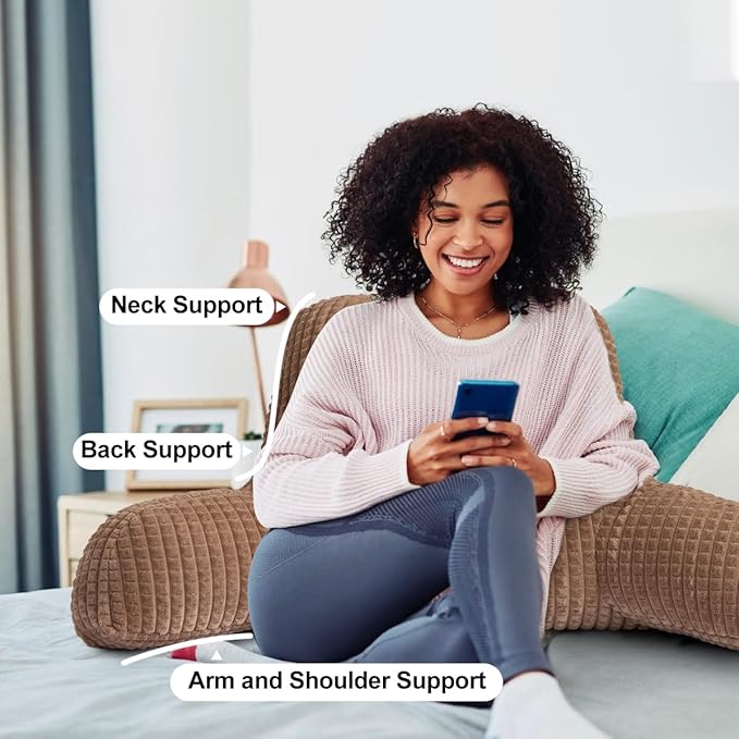 Holawakaka Adults Reading Pillow with Arms, Backrest Reading & Rest Pillows for Sitting Up in Bed, Bed Rest, Lounging, Working on Laptop,Arms Back Support Cushion for Men Women Teens,Khaki
