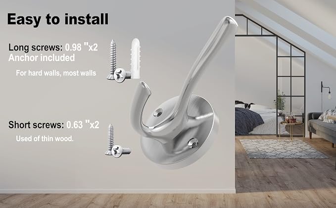 Brushed Nickel Wall Hooks, 4 Pack Heavy Duty Coat Towel Hook Metal Double Hook - Image 8