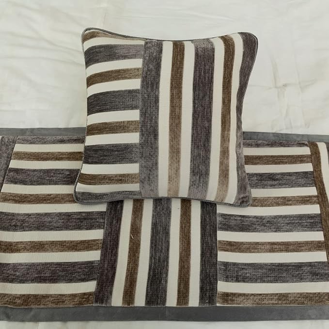 The HomeCentric King/Queen/Twin Beige & Grey Decorative Twin 53"x18" Bed Runner Without Pillow Cover, Patchwork Bed Scarf on Velvet Fabric - Striation