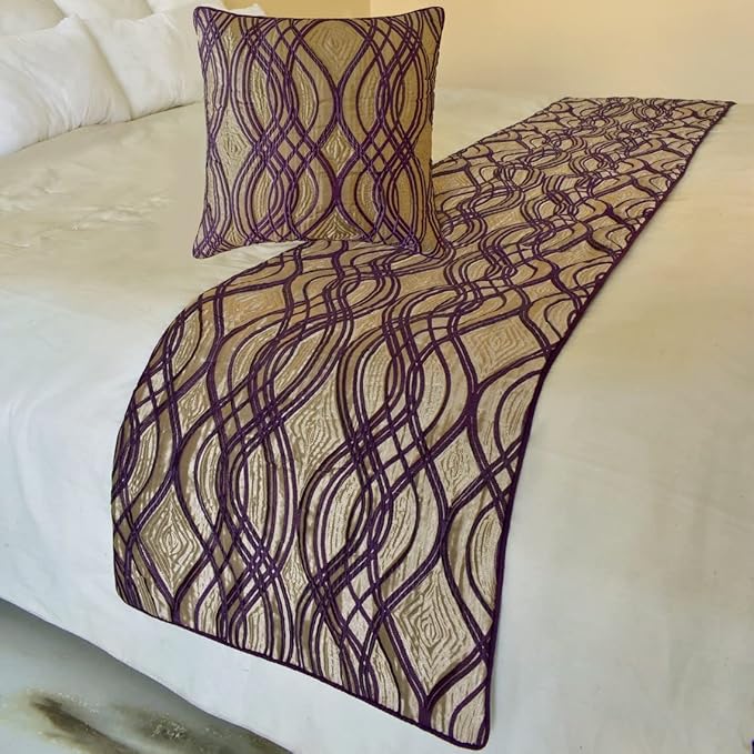 The HomeCentric King/Queen/Twin Plum Designer CA King 86"x18" Bed Runner with 2 Pillow Cover, Quilted Bed Scarf on Jacquard Fabric - Plum Swirls