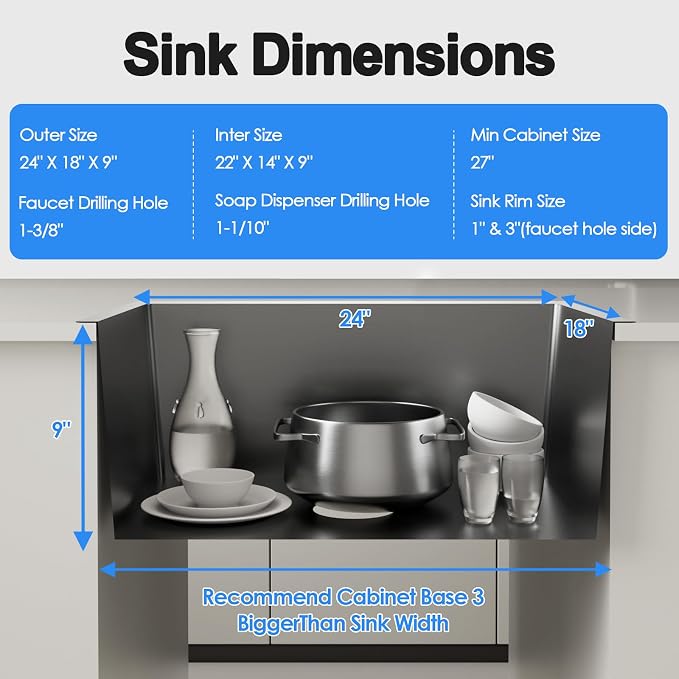 24x18x9 Inch Kitchen Sink, Handmade 304 Black Stainless Steel Single Bowl - Image 6