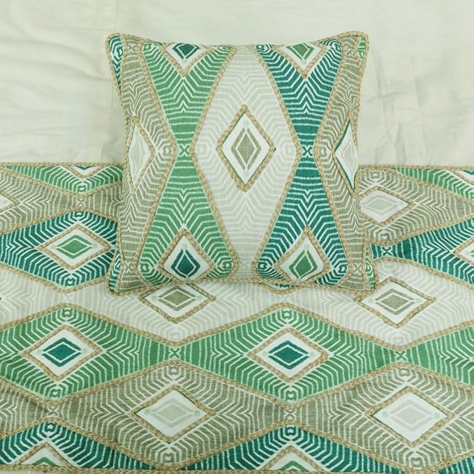 The HomeCentric King/Queen/Twin Green Designer CA King 86"x18" Bed Runner with 2 Pillow Cover, Aztec, Jute Embroidery, Quilted, Tassels, Jute, Moroccan & Tribal Bed Scarf Cotton Fabric - Chantico