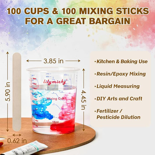 16 oz Plastic Mixing Cups, 100 Pack 16 oz Disposable Measuring Cups - Image 2