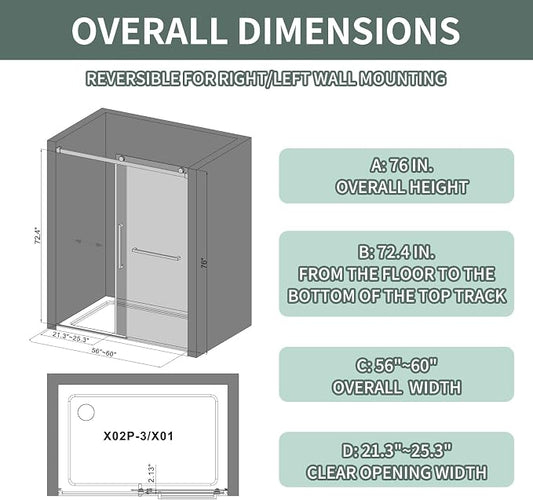 Frameless Shower Door 56-60 in. W x 76 in. H, Single Sliding Glass Door - Image 2