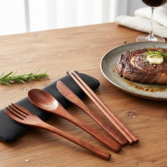 4 PCS Portable Wooden Travel Utensils, Reusable Wooden Cutlery Set - Image 2
