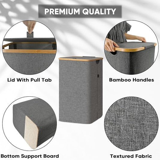 BALEINE Laundry Hamper with Lid, Tall Laundry Baskets with Bamboo Pull Handles - Image 2
