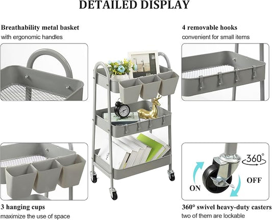 danpinera 3-Tier Rolling Cart, Metal Rolling Storage Cart - Image 2