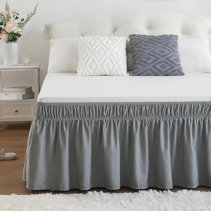 RIMELA Gray King Size Bed Skirt 15 Inch Drop, Elastic Bed Skirting Cal King, Light Grey Bedskirt for Adjustable Bed Base and Frame, Lightweight Wrap Around Dust Ruffle