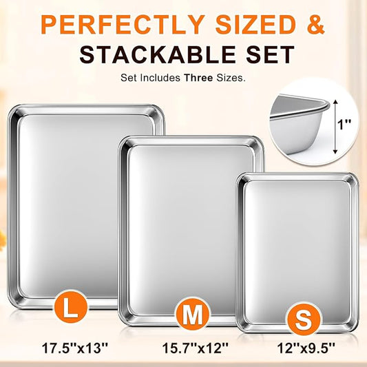 Baking Sheet Set of 3, Commercial Grade Stainless Steel Cookie Sheets - Image 2