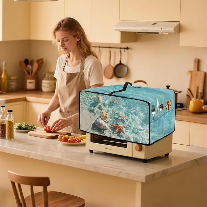 Toaster Oven Cover Washable Small Kitchen Appliance Dust Cover with Pockets, for Air Fryer Toaster Ovens, Microwaves, L, 18.5 x 22.5 x 13 Inches, Blue Beach Starfish Seashell Conch Whelk