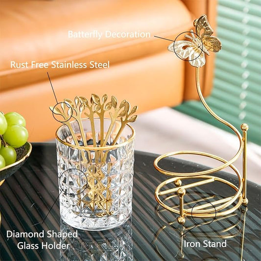 6PCS Coffee Spoons Set with Glass Holder, Small Stainless Steel Gold Tea Spoon - Image 2