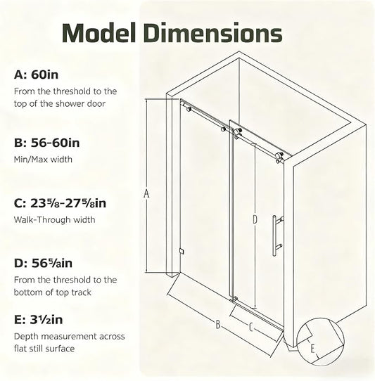 56-60" W x 60" H Bathroom Frameless Tub Sliding Shower Door, Soft-Close Bathtub - Image 2
