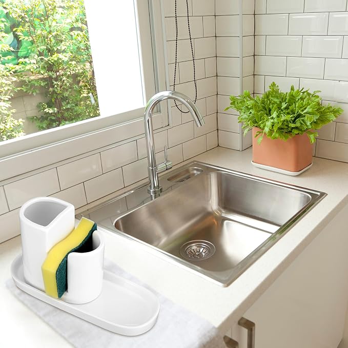 Geelin 3 in 1 Ceramic Kitchen Sink Caddy Dish Sponge Holder Scrub Brush Holder - Image 7