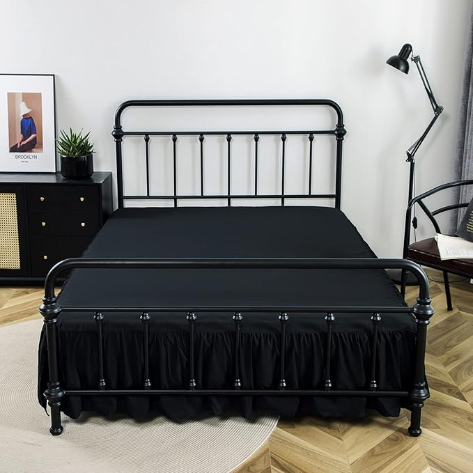 Bed Skirt Twin Size Ruffled Bed Skirt with Split Corners, 14 Inch Drop Dust Ruffle Bed Skirts with Platform, Black