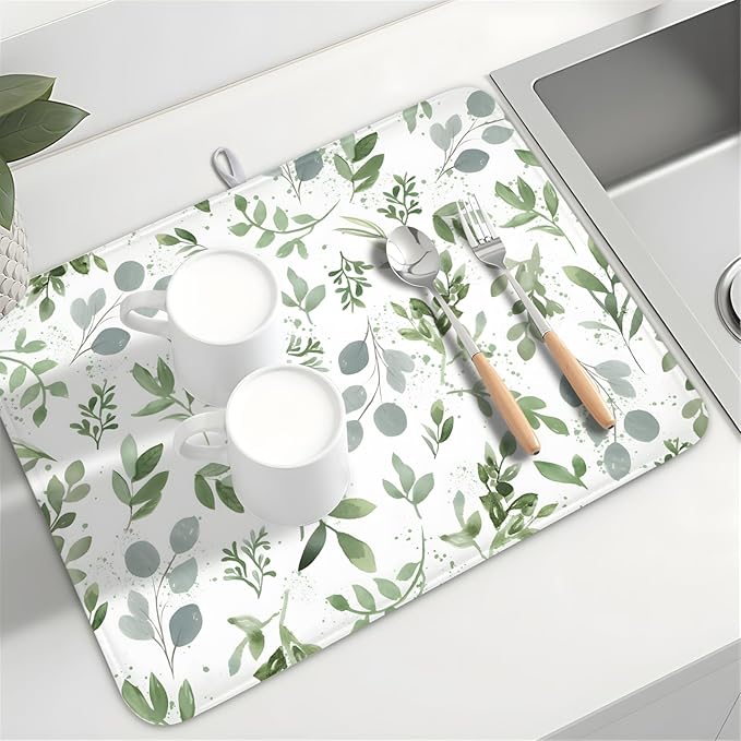 Spring Summer Sage Green Leaves Dish Drying Mat 16 x 18 Inch Spring Eucalyptus - Image 8