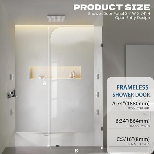 34" W ×74" H Shower Glass Panel, Frameless Fixed Glass Shower Panel - Image 2