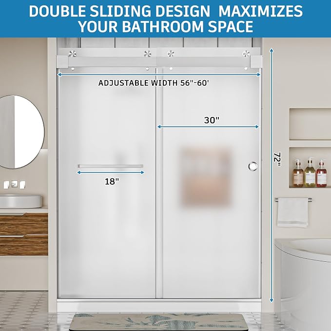 Frameless Shower Door, 56-60" W x 78" H 3/8" Thick Tempered Frosted Glass - Image 8