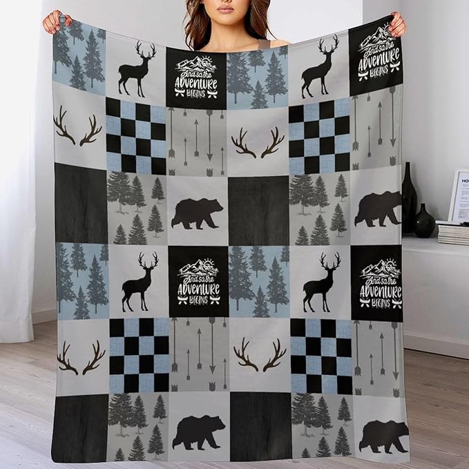 Bear Cabin Plaid Blanket, Rustic Retro Bear Deer Patchwork Gray Blue Farmhouse Throw Blanket for Couch Bed Living Room, 50"x60"