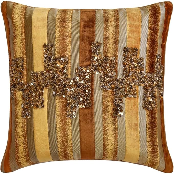 The HomeCentric King/Queen/Twin Gold & Brown Decorative Queen 74"x18" Bed Runner with One Pillow Cover, Striped, Beadwork & Handmade Bed Scarf on Velvet Fabric - Streamlined