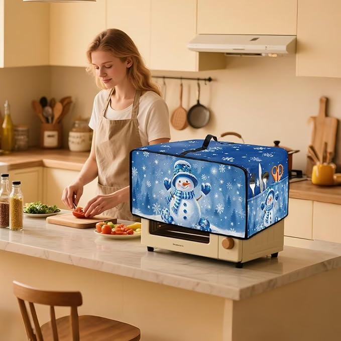 Christmas Toaster Oven Dust Cover Small Kitchen Appliance Cover for Countertop Convection Ovens,Small Appliances, M, 16.5 x 20.5 x 10 Inches, Blue Snowman Snowflake